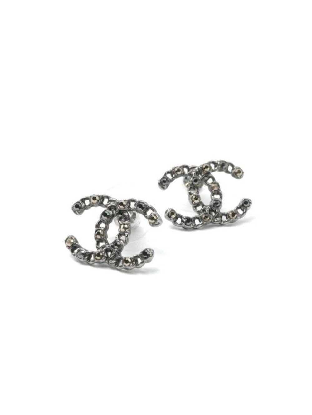 Chanel Earrings Silver Black Coco Mark Rhinestone - Picture 1 of 10